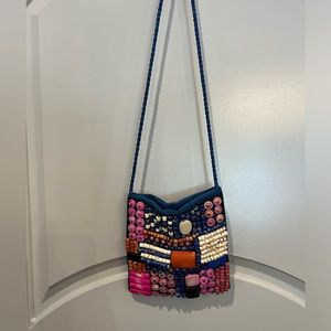 Heavily Beaded blue raw silk style square mini crossbody purse. GUC!